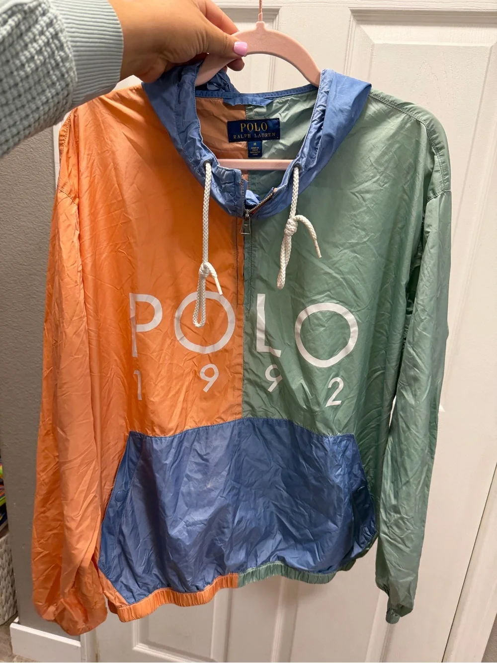 Polo by Ralph Lauren 1992 Peach, Mint & Light Blue Colorblock Hooded Windbreaker